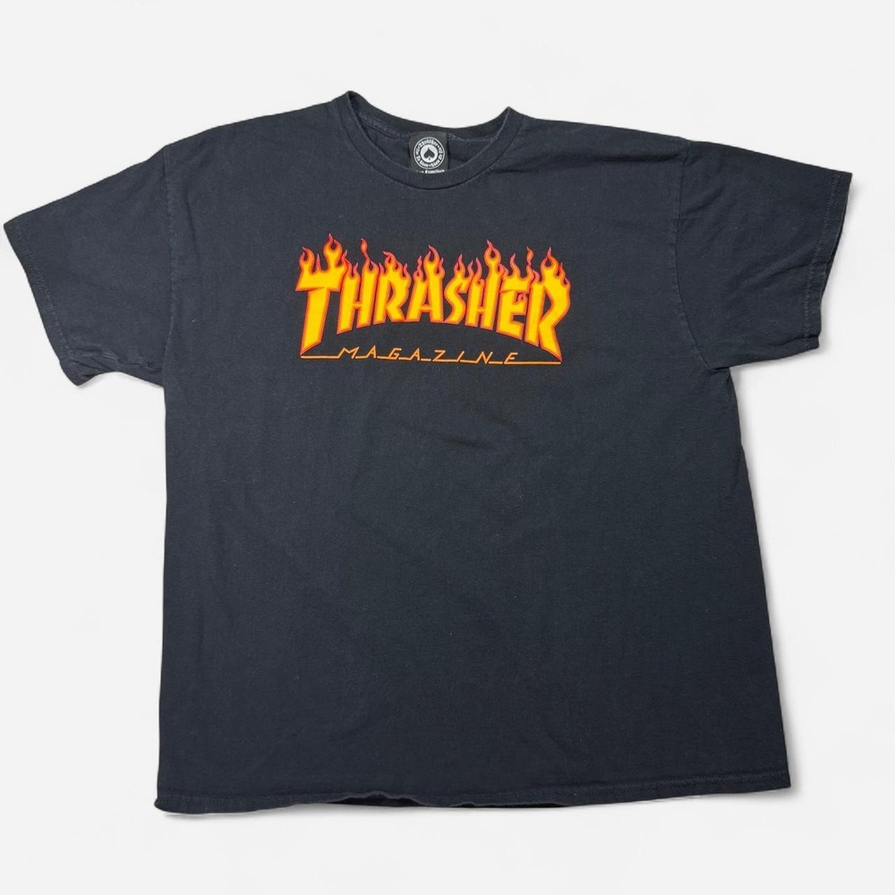 Black Thrasher Skate Magazine T-shirt with orange flame logo, size XL